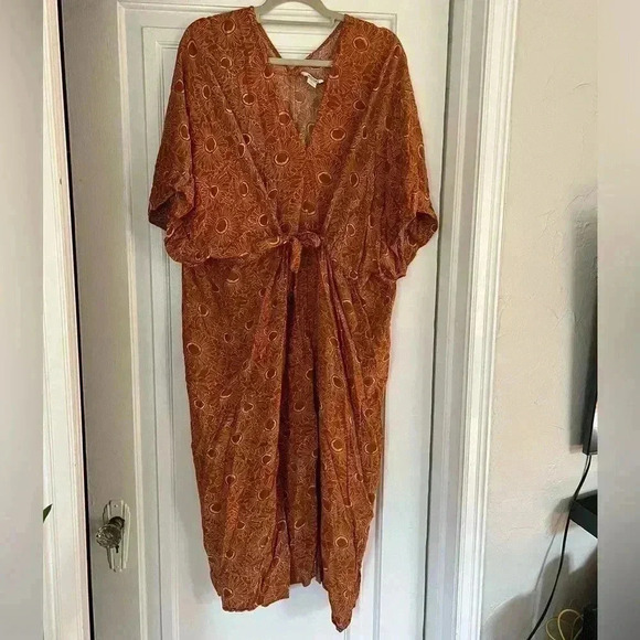 Monki Kaftan Flowy midi dress Yellow flower size M/L Beach resort wear - Picture 2 of 9